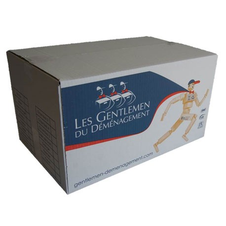 Boîte de déménagement des Gentlemen du Déménagement, illustrée avec un homme en tenue de déménageur et le logo